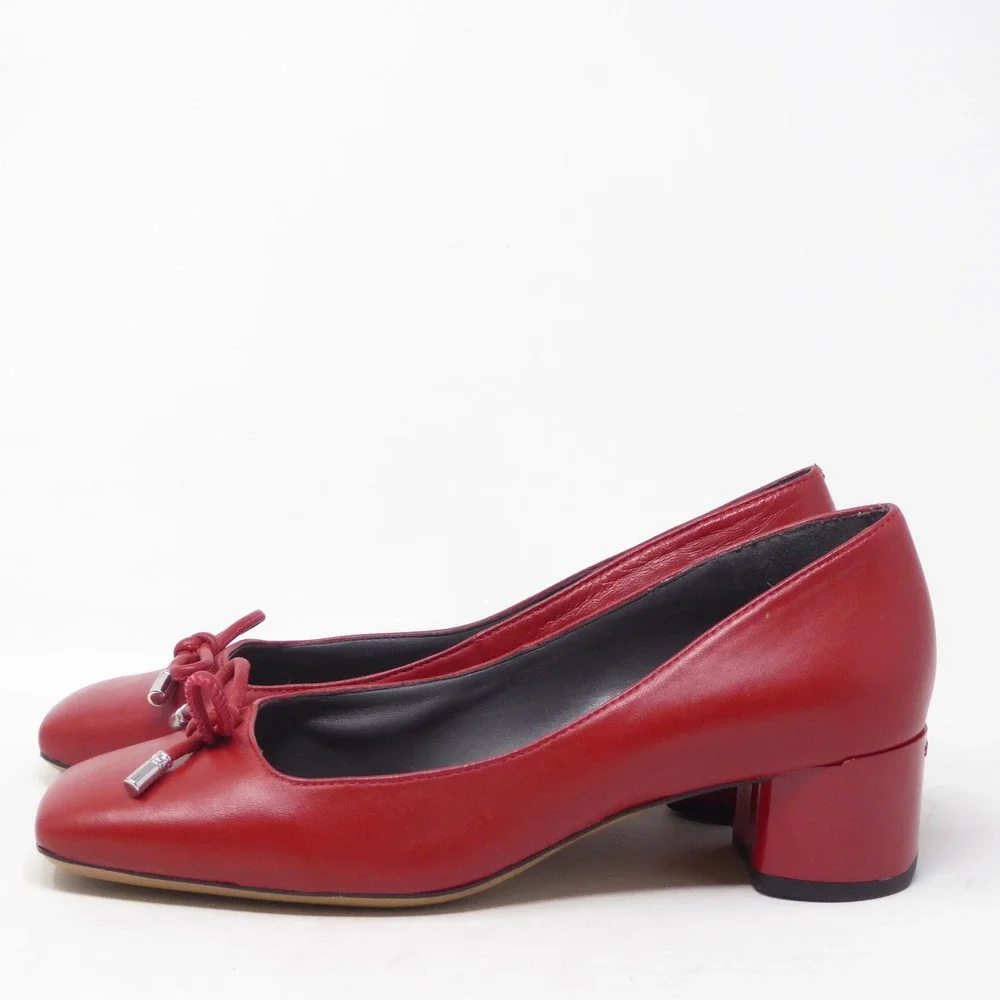 Franco Sarto Women Natalia Pumps Red Leather Square Toe Bow Block Heel 6.5W Wide